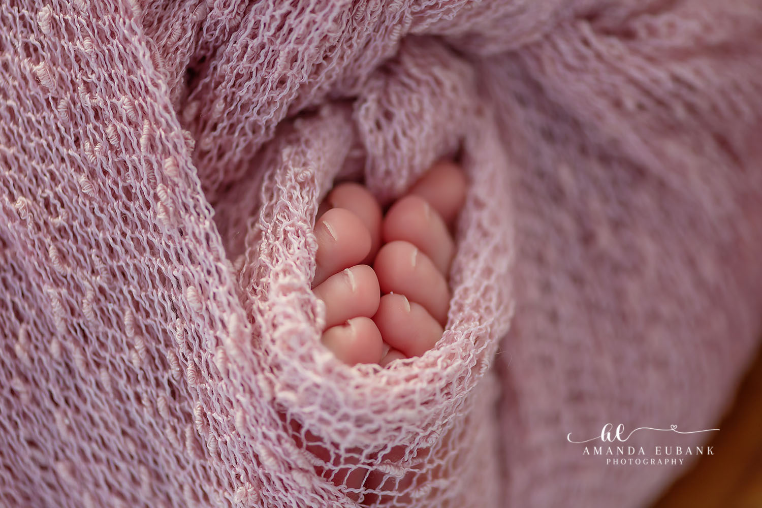 Close-up detail of a newborn baby’s tiny feet and toes nestled in a soft pink knit wrap, photographed by a Santa Rosa Beach newborn photographer