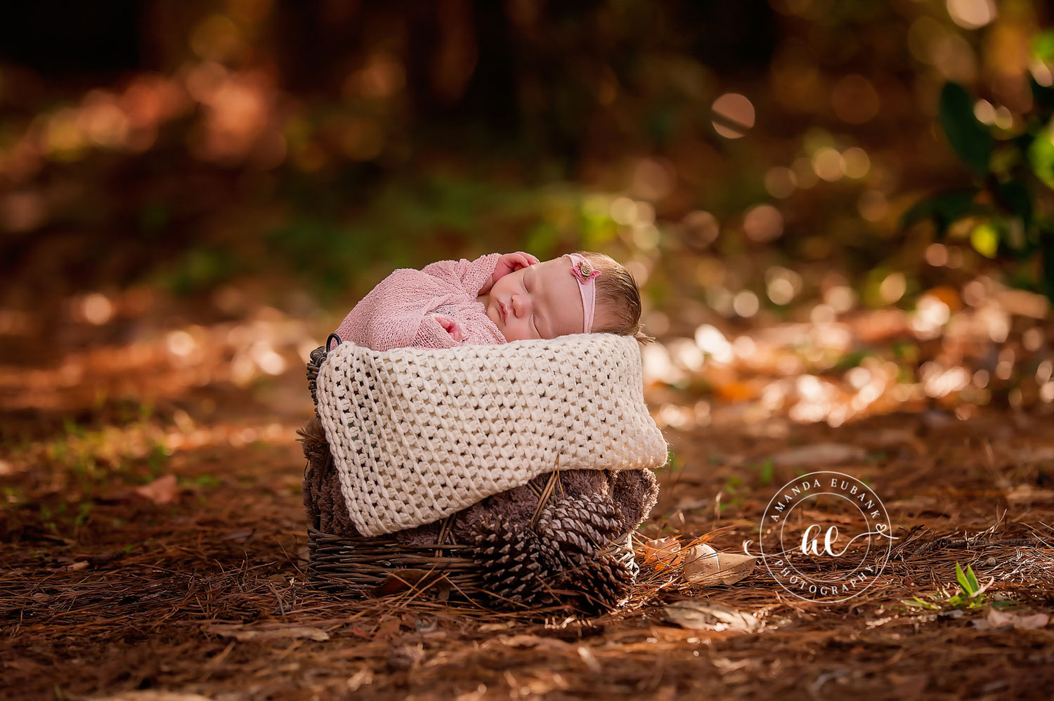 Santa Rosa Beach Newborn Photographer – Outdoor Woodland Newborn Portrait Newborn baby in a pink wrap and headband sleeping in a basket on the forest floor among pinecones and leaves, taken by a Santa Rosa Beach newborn photographer